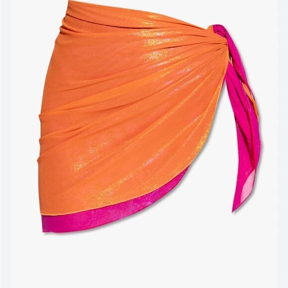 NWT OSEREE SWIMWEAR | Lamé Double Mini Pareo Skirt In orange & Fuscia  Size M/L - Picture 2 of 10